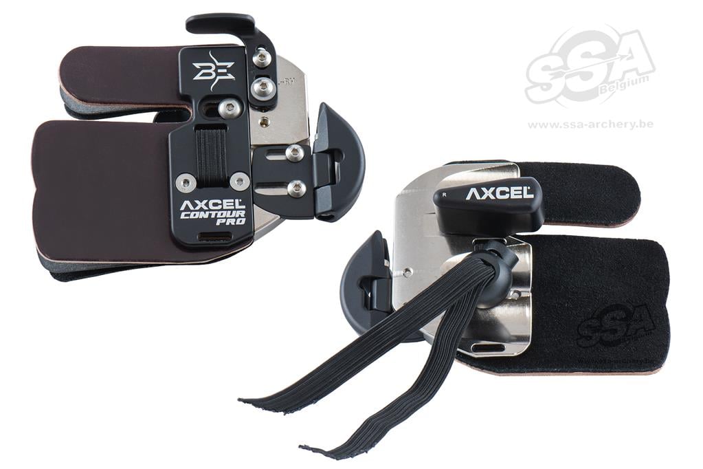 AXCEL OLYMPIC RECURVE TAB WITH ANCHOR PAD CONTOUR PRO QUICKSILVER/BRASS RH MEDIUM
