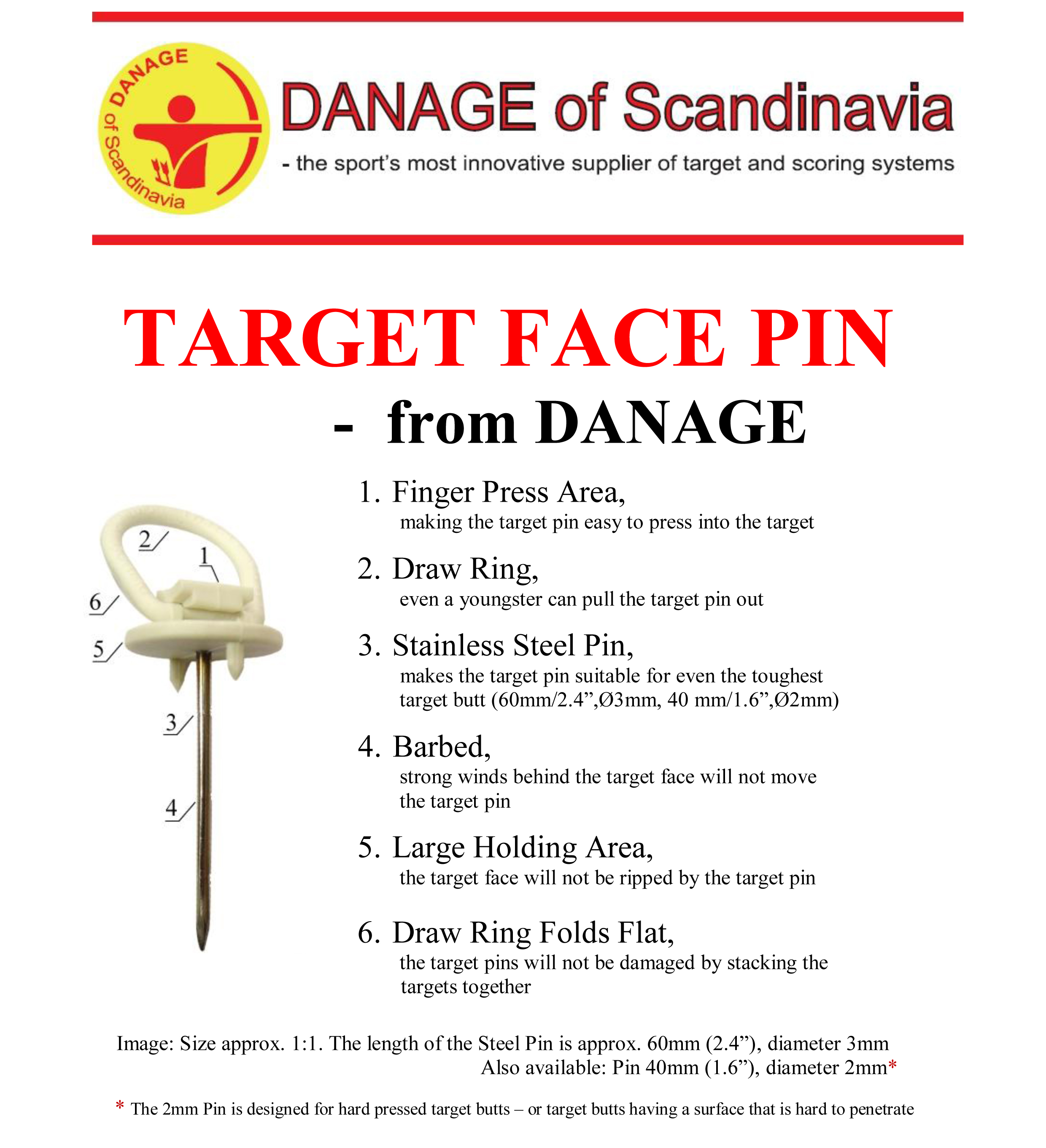 DANAGE TARGET PINS W/ METAL POINT 60mm (foam target) 8/PK